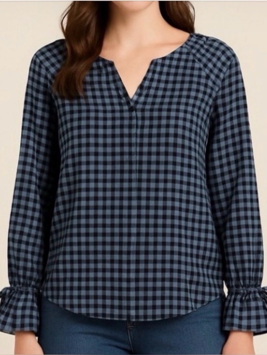 Tops - Talbots Gingham Popover Blouse Sz S Tie Cuff Split Neck Blue Black